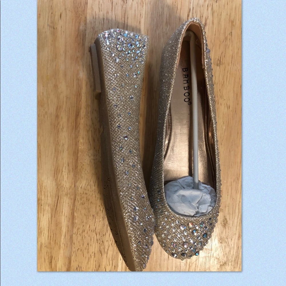 New Gold slipon flats with irredescent rhinestones